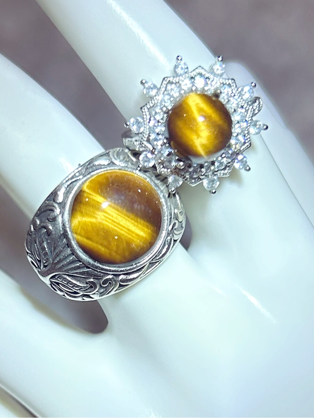 AAA Grade Natural Tiger’s Eye Gemstones Statement Silver Rings (2-pieces set)
